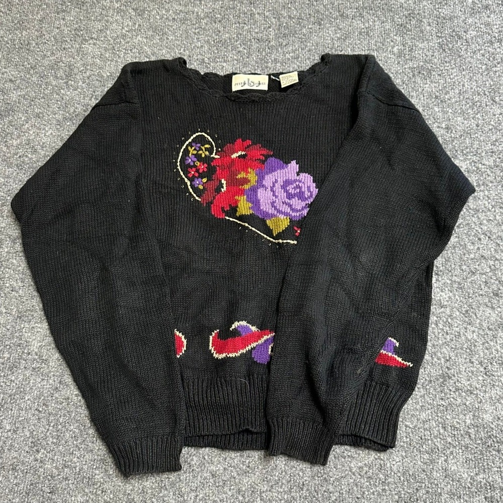 Justin B. Jones Sweater Womens Size M Black Floral Knit Ramie Cotton Vintage